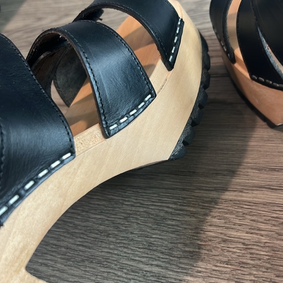 Swedish Hasbeens Wooden Strappy Leather Velcro Slip-On Platform Sandal - Picture 6 of 11